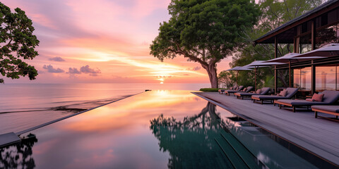 Tropical resort infinity pool with sun loungers overlooking a serene ocean sunset