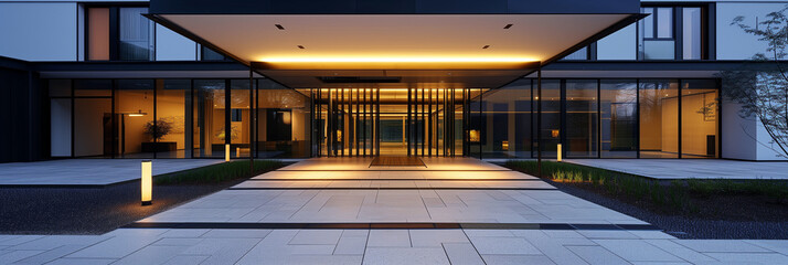 Modern building entrance with illuminated canopy and glass doors during twilight.