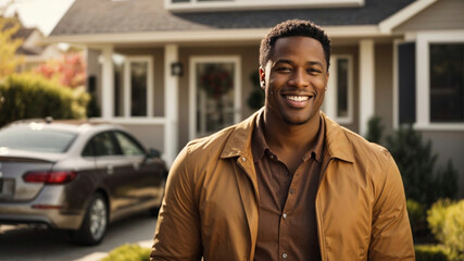 Successful African American male real estate agent standing in front of a contemporary home. - obrazy, fototapety, plakaty