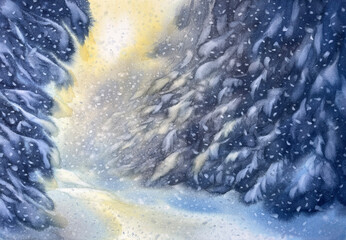 Snowy winter forest landscape painted in watercolor - 731014618