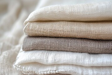 Closeup of a stack of linen fabric, natural product