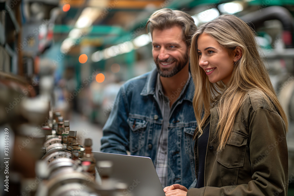 Poster smiling engineer man and woman using laptop in factory.