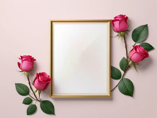 Wedding Frame with Red Roses and Leaves for Logo Mockup or Copy Space