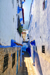 Traditional houses along alleyway in Chefchaouen, Morocco