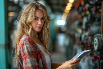 Smiling businesswoman working while holding a digital tablet in a factory.