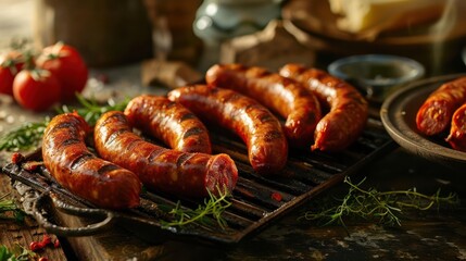 grilled chorizo sausages, each with a smoky aroma and a touch of paprika, arranged on a Spanish-inspired barbeque scene - obrazy, fototapety, plakaty