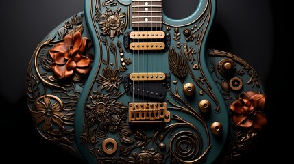 Top view of a custom guitar mockup with intricate engravings on a solid background - obrazy, fototapety, plakaty