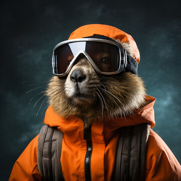 Portrait of a marmot wearing a ski suit and goggles on a grey  background a raccoon wearing a yellow jacket and sunglasses.