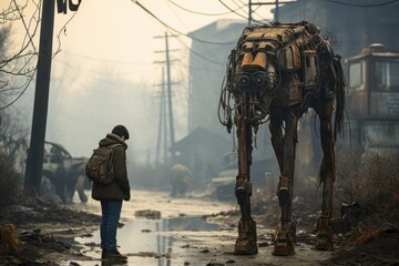 Boy stands on desolate street facing a colossal dog-shaped robot, illustrating the repercussions of totalitarianism. - obrazy, fototapety, plakaty