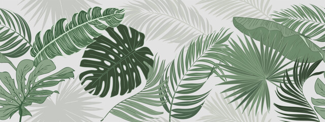 Fototapeta na wymiar Botanical background. Tropical plant wallpaper with foliage, palm, leaves, monstera in hand drawn pattern. Green design for cover, prints, wall art, decorative.