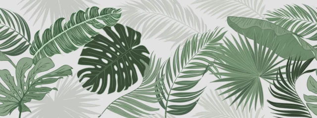 Fotobehang Botanical background. Tropical plant wallpaper with foliage, palm, leaves, monstera in hand drawn pattern. Green design for cover, prints, wall art, decorative. © andrei