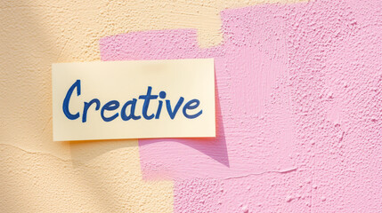 "Creative" Handwritten on a Note Card Clipped to a Yellow and Pink Painted Wall