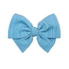 Charming blue cotton textured fabric bow with short tails on a white background. Adds rustic elegance to any project.