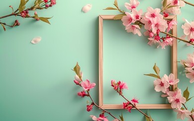  pink flowers with a wooden frame on pastel background (23)