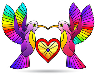 A set of stained glass illustrations with bright hummingbird birds and heart, composition isolated on a white background