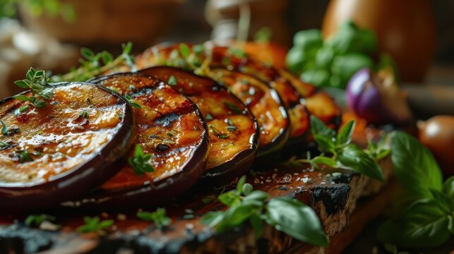 grilled eggplant slices, with a smoky flavor and a touch of herbs, arranged on a dollhouse-inspired vegetarian barbeque scene