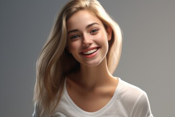 An ultra-realistic depiction of a beautiful young lady standing, clad in an empty white t-shirt with ample space for text, showcased against a white backdrop in a stock photograph. Generative AI.