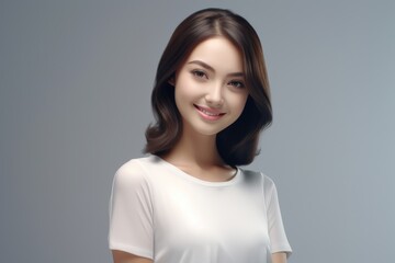 Obraz premium An ultra-realistic depiction of a beautiful young lady standing, clad in an empty white t-shirt with ample space for text, showcased against a white backdrop in a stock photograph. Generative AI.