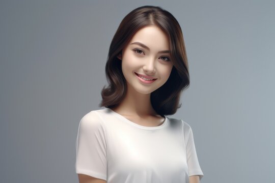 An ultra-realistic depiction of a beautiful young lady standing, clad in an empty white t-shirt with ample space for text, showcased against a white backdrop in a stock photograph. Generative AI.