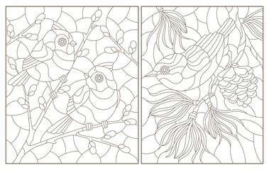A set of contour illustrations of stained glass windows with birds on branches, dark contours on a white background