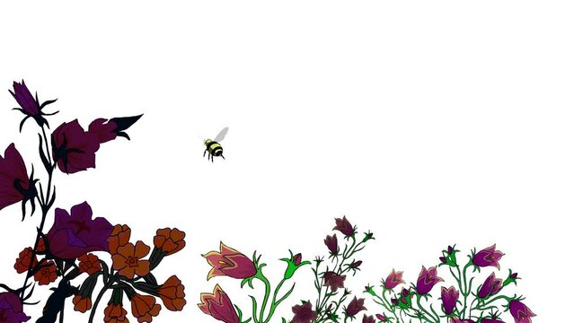 animation of a bee flying above flowers