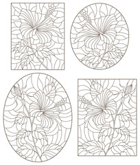 Set of contour illustrations of stained glass Windows with hibiscus flowers, dark outlines on a white background