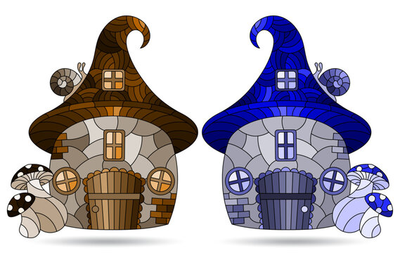 A set of illustrations in the stained glass style with dwarf houses, cozy houses in the form of mushrooms isolated on a white background, tone blue and brown