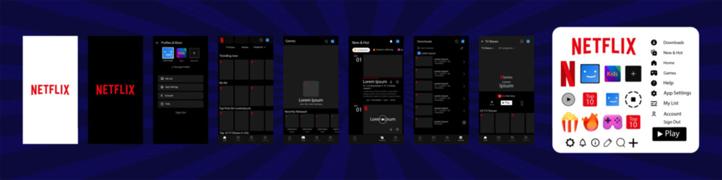 Netflix interface with button. Netflix screen social media, social network interface template. Homepage, netflix, new and hot, subscription, profile. Gradient background. Editorial