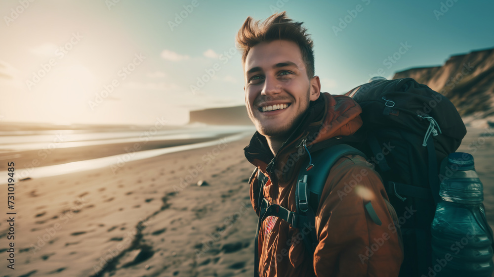 Wall mural A smailing traveler boy with bagpack, morning light