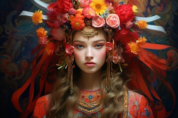 Naklejka premium Close-up of beautiful woman wearing carnival handcrafted headdress made of feathers and flowers. Beauty, art and fashion.