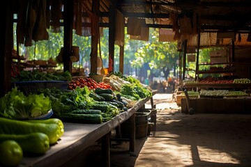 Farmers market stall on a sunny day with fruits and vegetables