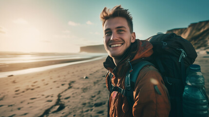 A smailing traveler boy with bagpack, morning light - obrazy, fototapety, plakaty