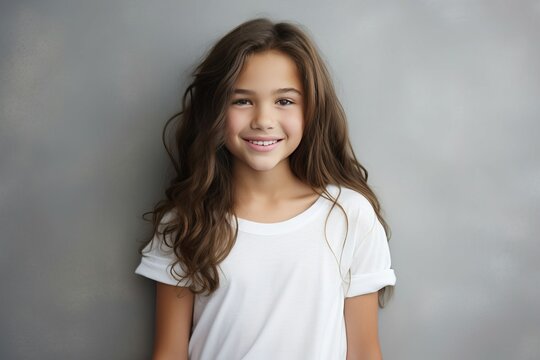 portrait of a 10 year old girl smiling on a gray background