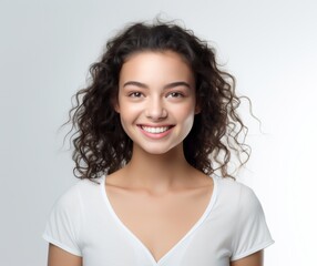 a radiant and cheerful Asian lady dons a white tee t-shirt, beaming with happiness while proudly displaying her smile against a plain white backdrop. Generative AI.