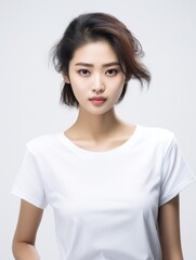 Fototapeta premium a radiant and cheerful Asian lady dons a white tee t-shirt, beaming with happiness while proudly displaying her smile against a plain white backdrop. Generative AI.