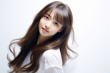 Fototapeta premium a radiant and cheerful Asian lady dons a white tee t-shirt, beaming with happiness while proudly displaying her smile against a plain white backdrop. Generative AI.