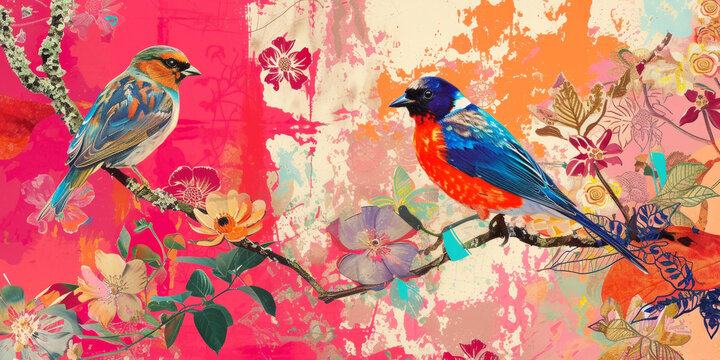 Pop art collage. Flowers, birds in the jungle. Wildlife banner