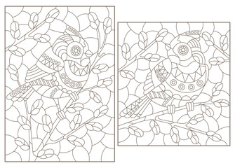 A set of contour illustrations of stained glass windows with birds on branches, dark contours on a white background