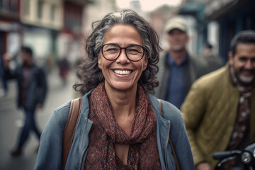 portrait of a smiling middle aged South American woman with glasses - obrazy, fototapety, plakaty