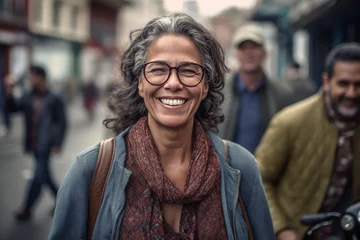 Fotobehang portrait of a smiling middle aged South American woman with glasses © c_ART_oons