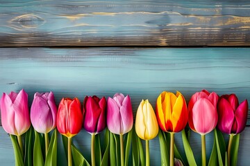 Colorful Tulips Aligned on a Rustic Wooden Surface.