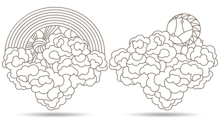 Set of contour illustrations of stained-glass Windows with celestial landscapes,square images, dark contours on a white background