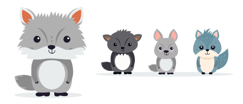 Set of flat illustrations of cute cartoon animals on a white background. Stylized gray wolf. Cartoon little wolf cub, cute character for kids. Vector illustration
