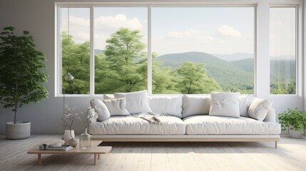 Scandinavian interior design featuring a white living room with a sofa and a a summer landscape through the window.