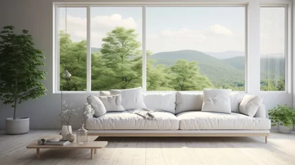 Photo sur Plexiglas Gris Scandinavian interior design featuring a white living room with a sofa and a a summer landscape through the window.