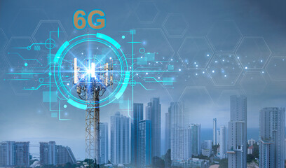 6G network digital and internet of everythings on city background.6G network wireless systems.Modern city  internet and cityscape concept