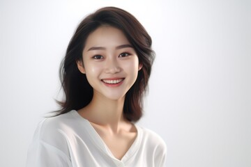 Asian female, wearing a white t-shirt, beams with delight, proudly displaying her smile in a studio environment against a neutral white background. Generative AI.