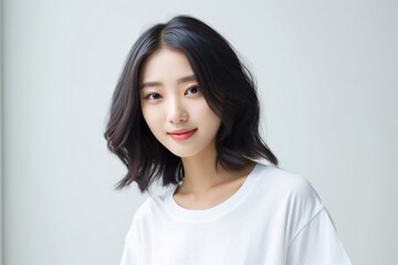 Fototapeta premium Asian female, wearing a white t-shirt, beams with delight, proudly displaying her smile in a studio environment against a neutral white background. Generative AI.