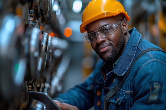 Young African American male engineer with digital tablet inspecting machinery in a factory.
