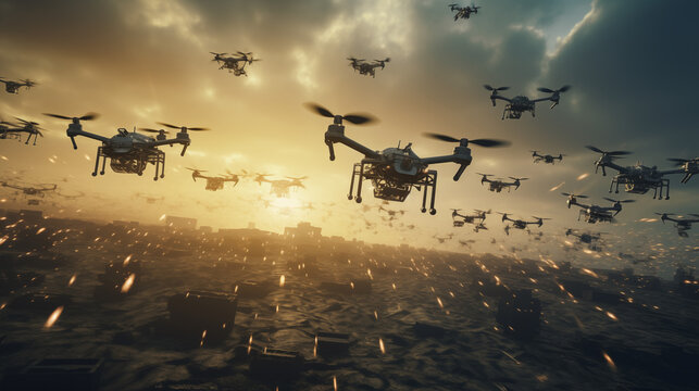 Drone strike at sunset, modern warfare concept. 
